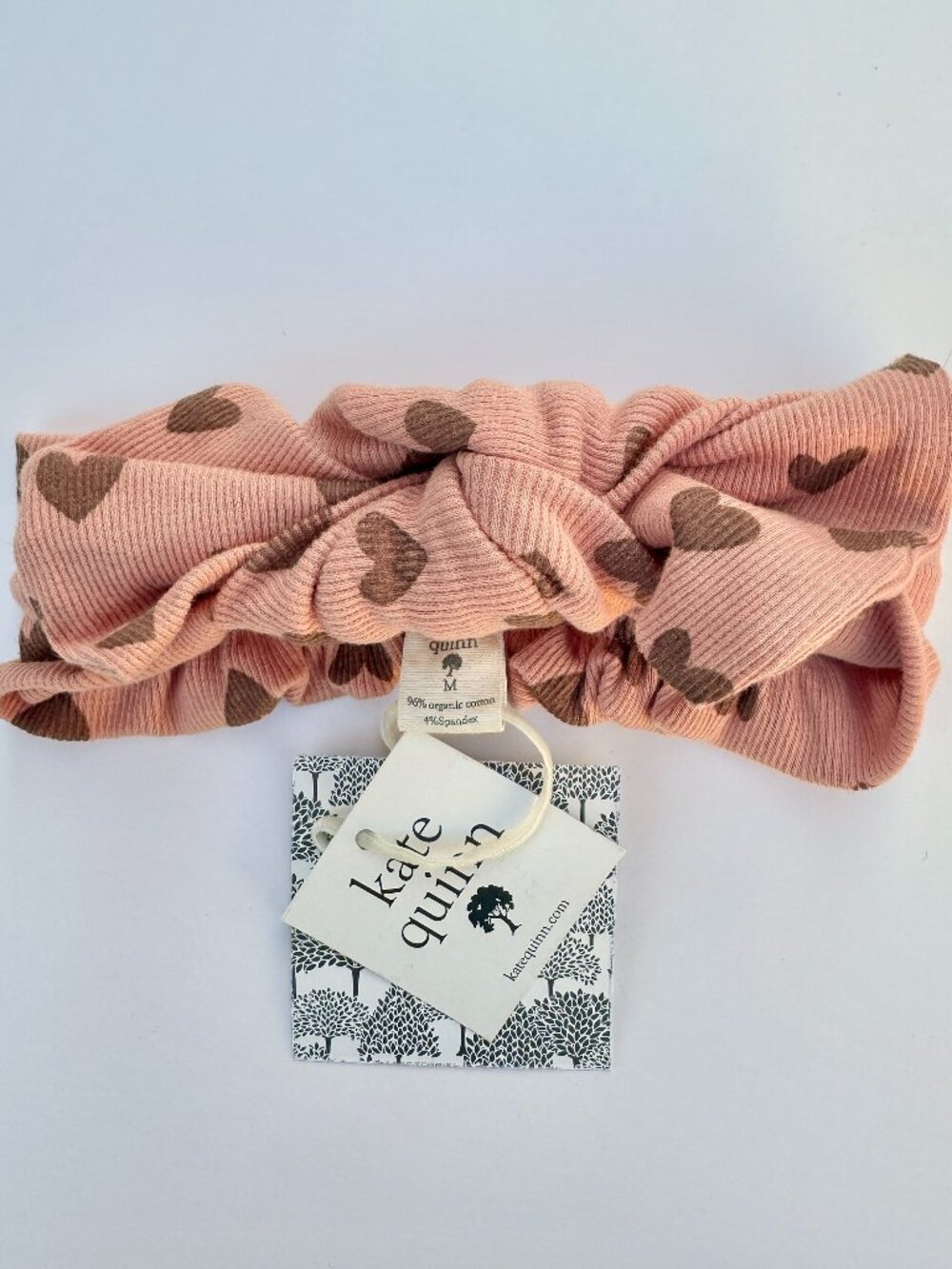 Kate Quinn Ribbed Heart Knot Headband – Pink & Cocoa | Cotton Medium (6-12M)